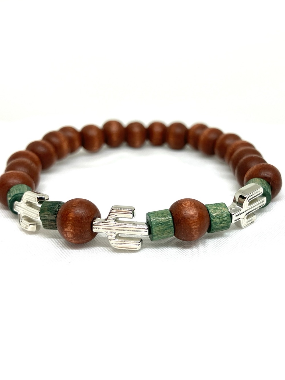 Wood Bead Bracelet with Silver Cactus Accents - Brown & Green